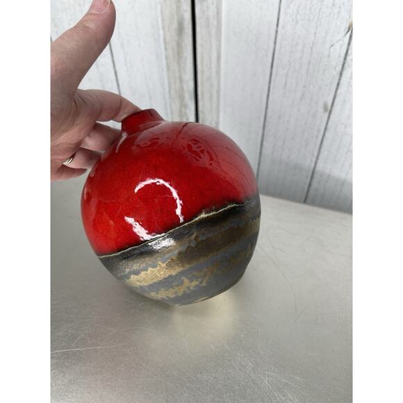 Crate & Barrel Ceramic Two Tone Vase Vibrant Red & Bronze Sphere - Picture 1 of 7